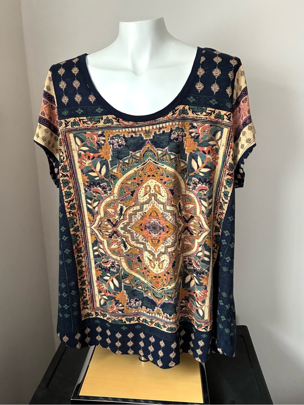 Lucky Brand Navy & Gold Boho Medallion Short Sleeve Tee